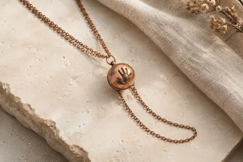 Collier bola en cuivre avec pendentif rond à empreinte de main et deux chaînes longues