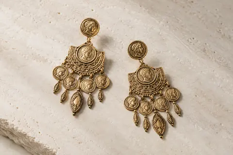 Boucles pendantes dorées Famarine à motifs de pièces avec portrait, posées sur une surface minérale claire.