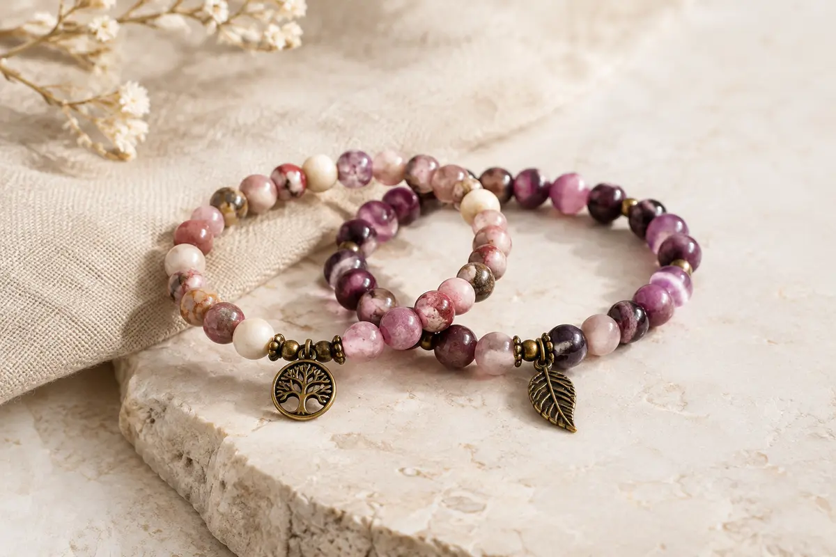 Deux bracelets de perles naturelles avec motifs arbre de vie et feuille posés sur une surface claire