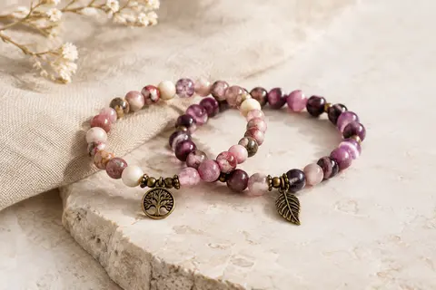 Deux bracelets de perles naturelles avec motifs arbre de vie et feuille posés sur une surface claire