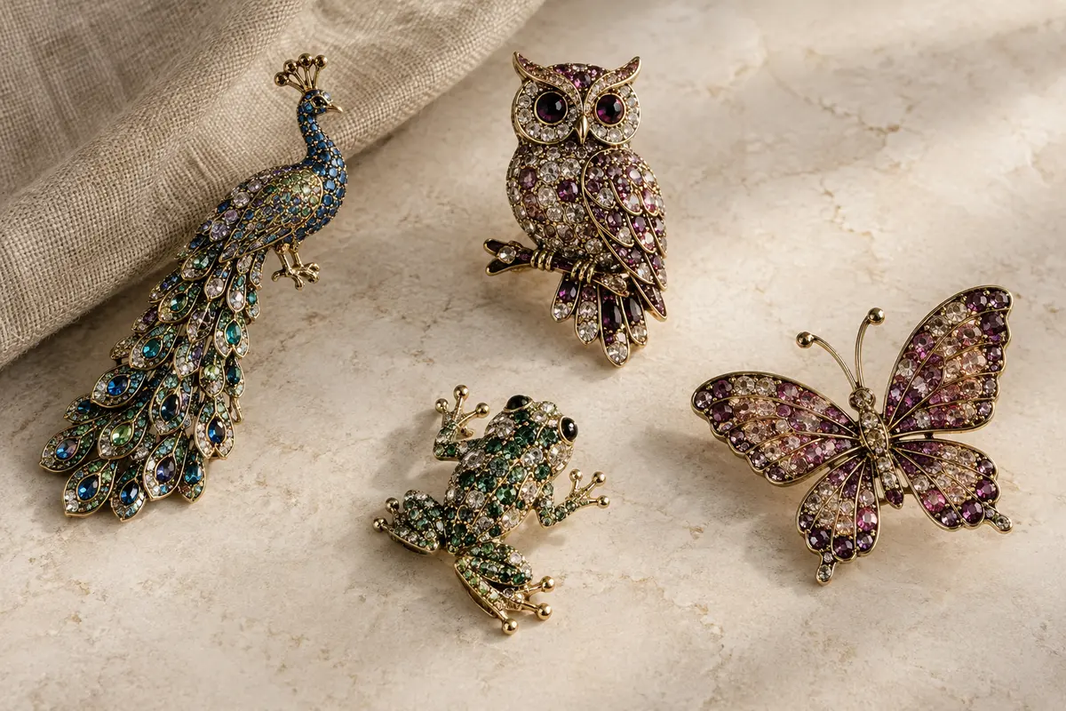 Quatre broches animalières Floatdream en alliage et strass, en forme de paon, hibou, grenouille et papillon.