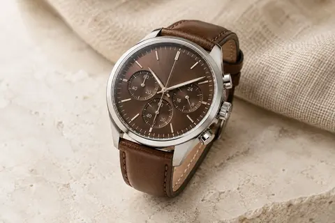 Montre chronographe à cadran marron, boîtier argenté et bracelet en cuir marron sur une surface claire