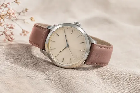 Montre automatique ronde à boîtier argenté, cadran beige et bracelet en cuir posée sur une surface claire.