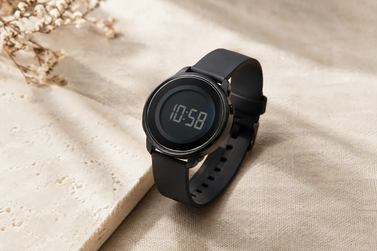 Montre digitale ronde à boîtier noir en résine et bracelet souple en caoutchouc, posée sur du lin clair.