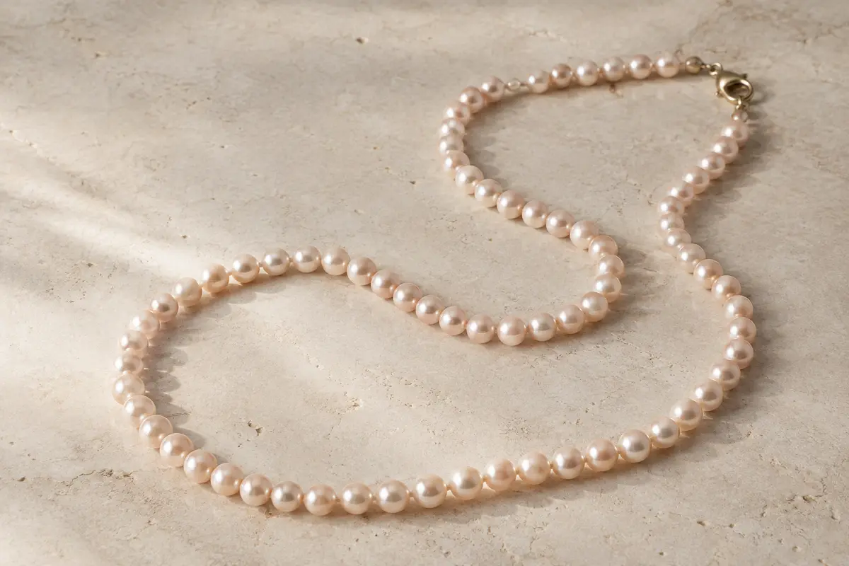 Collier long de perles de 8 mm disposé en courbes sur une surface minérale claire.