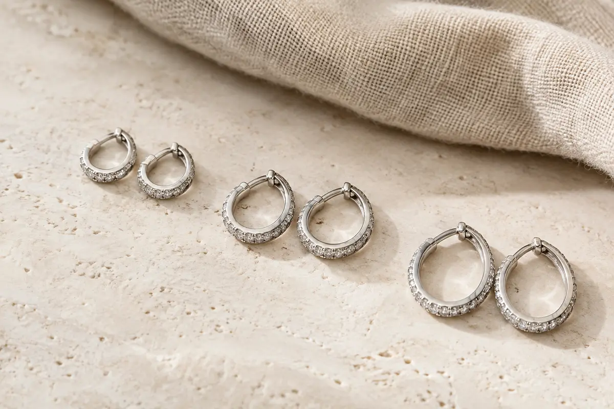 Trois paires de petites créoles argentées avec zircones cubiques, présentées en trois diamètres sur une surface claire.