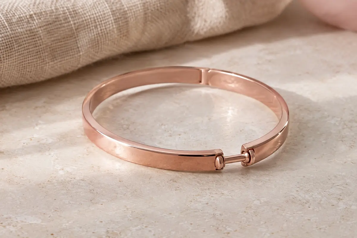Bracelet jonc rigide inSCINTILLE en acier inoxydable, posé seul sur une surface claire.