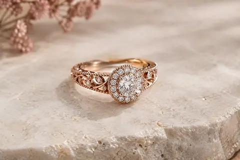 Ensemble de bagues en argent plaqué or rose avec halo rond et détails feuillagés