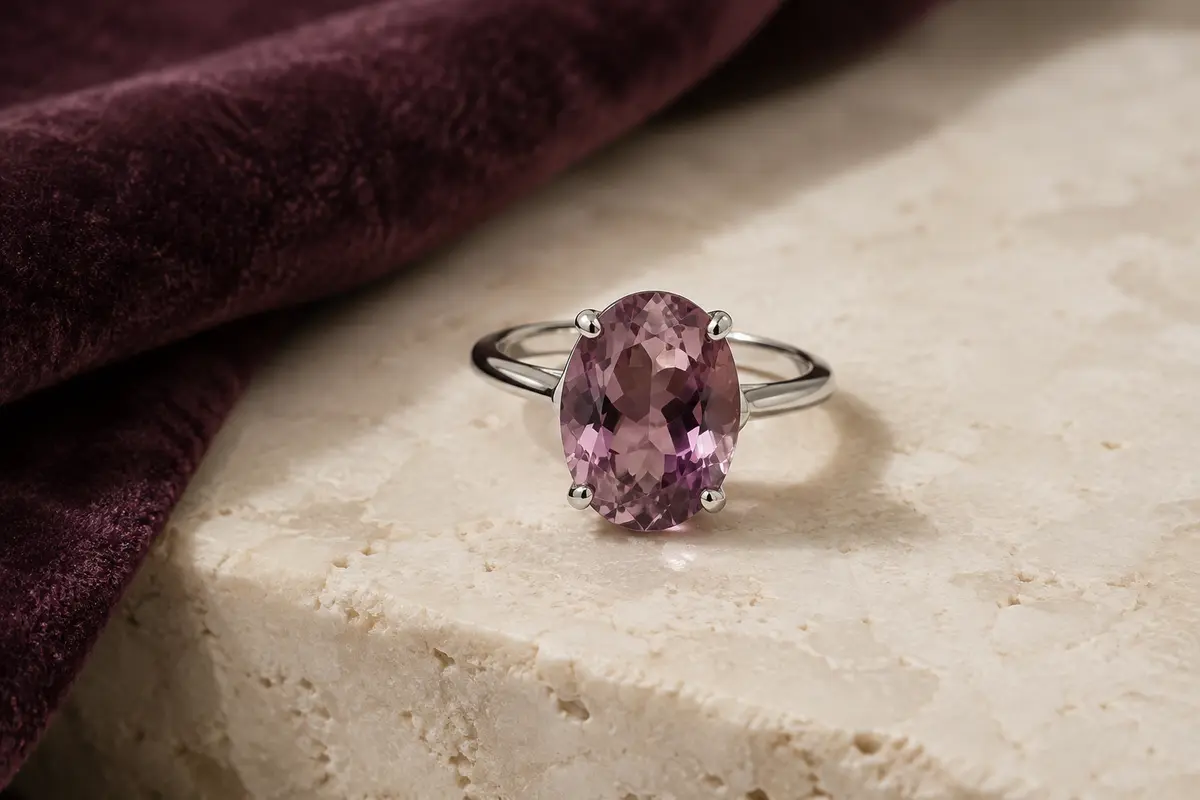 Bague en métal clair avec une pierre ovale colorée sertie sur une surface minérale ivoire