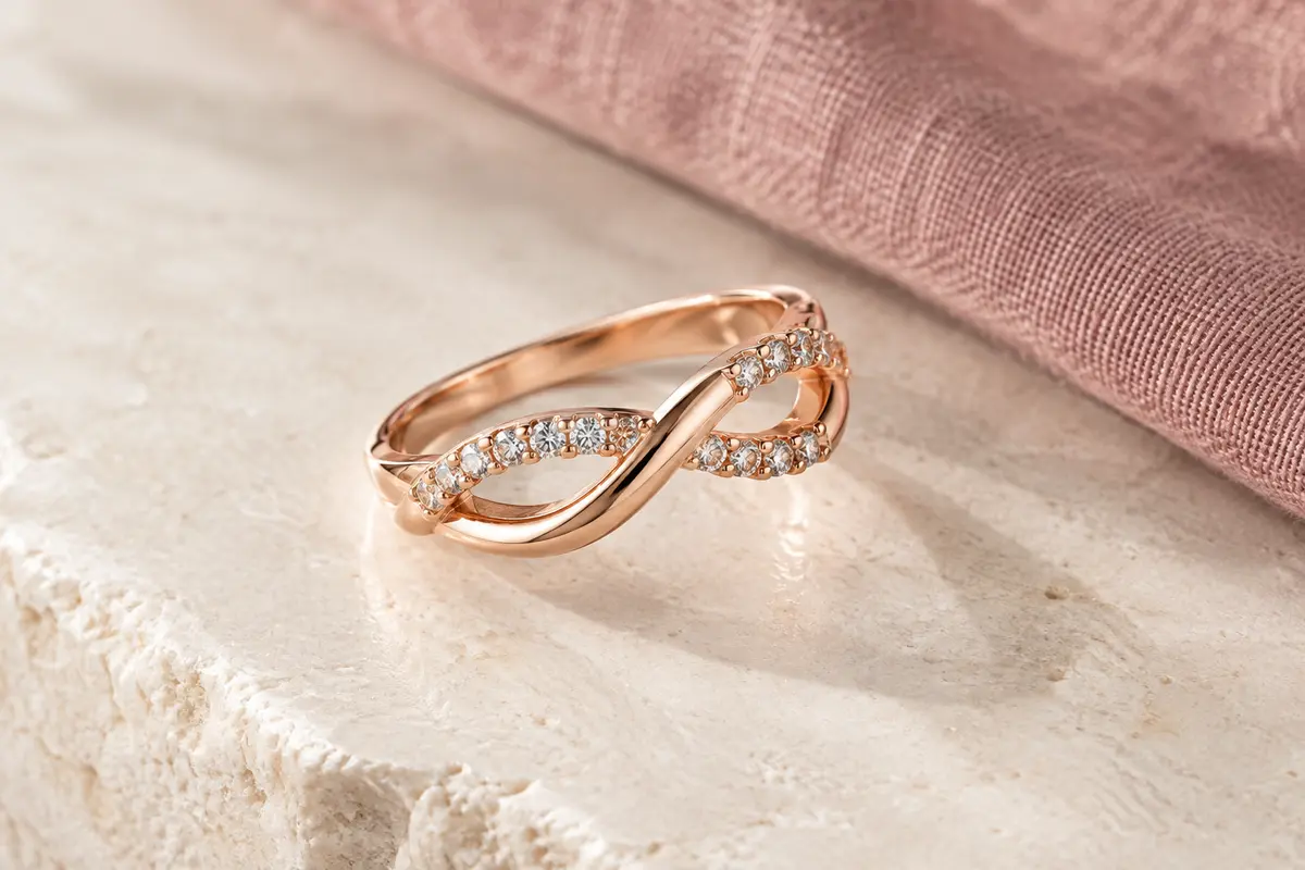 Bague infini torsadée en finition or rose avec de petites zircones cubiques rondes serties à griffes