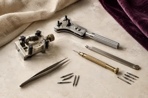 Kit Jorest d’outils pour montre avec ouvre-boîtier, tournevis, support et barres à ressort sur une surface claire