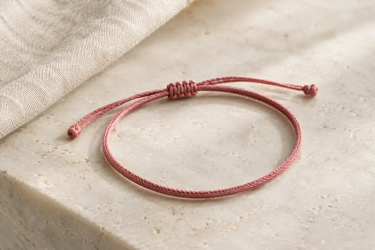 Bracelet de cheville en coton avec nœud coulissant, présenté seul sur une surface minérale claire.