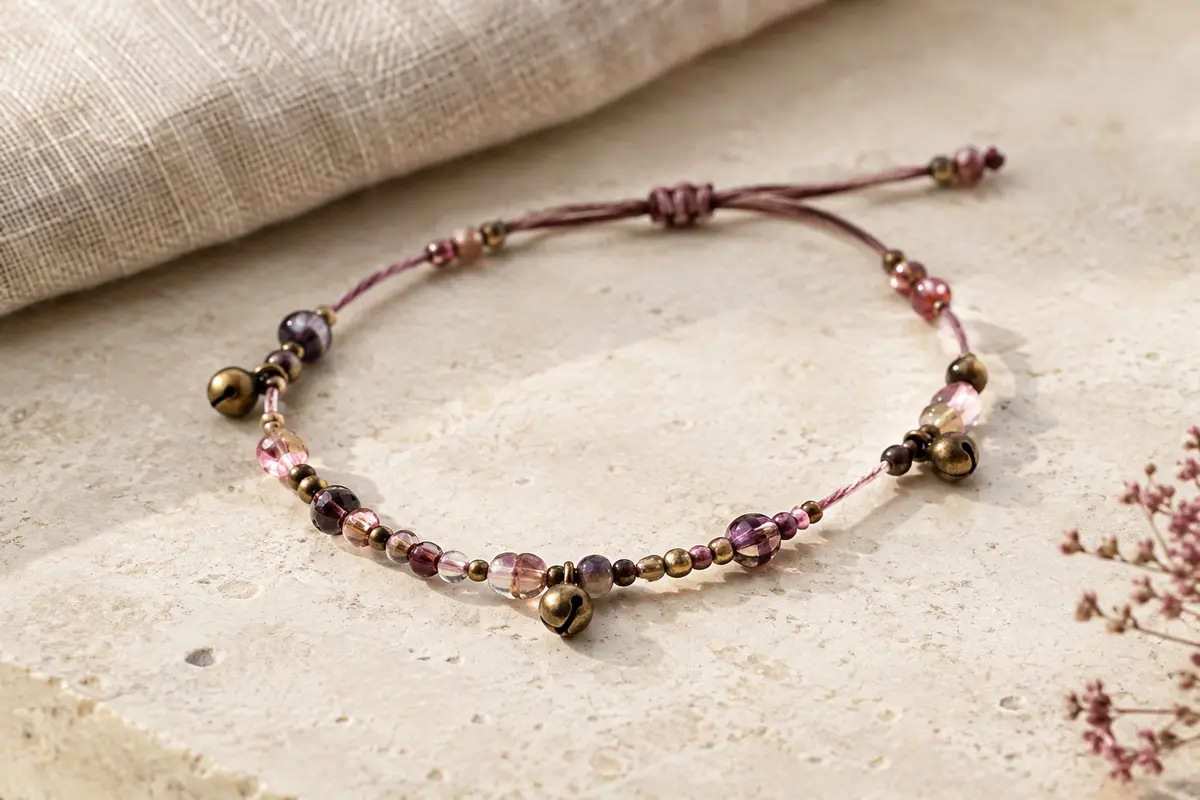 Bracelet de cheville multicolore en coton ciré avec perles de verre et petites clochettes