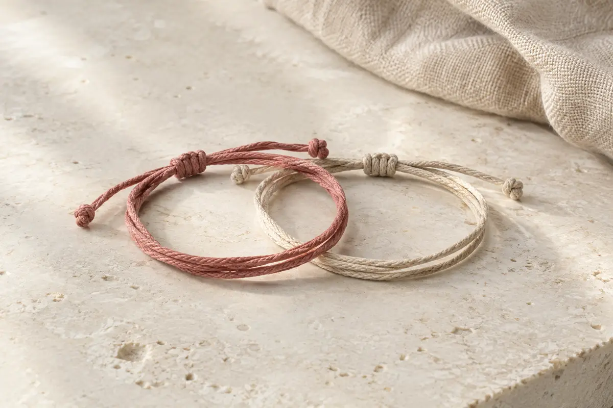 Deux bracelets surfeur en coton avec nœuds coulissants, disposés sur une surface minérale claire.