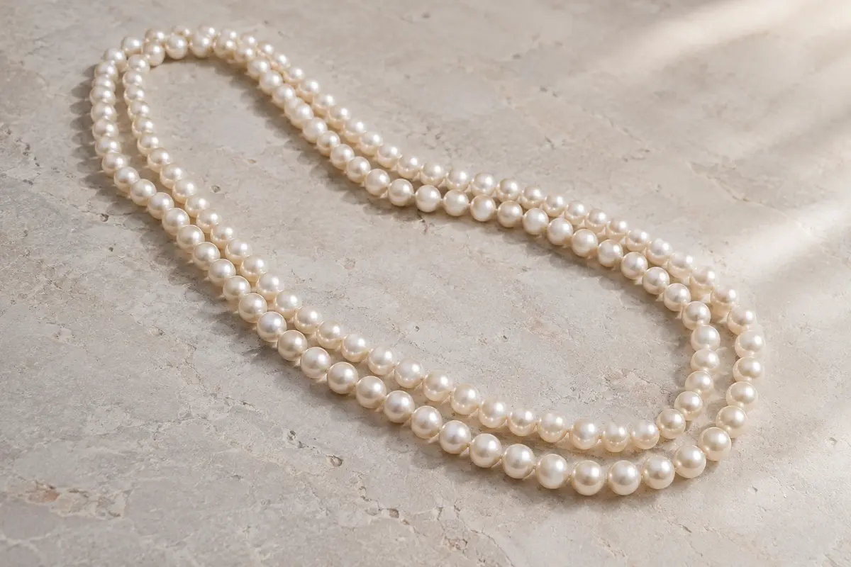 Collier long blanc en perles artificielles disposé en double rang sur une surface claire