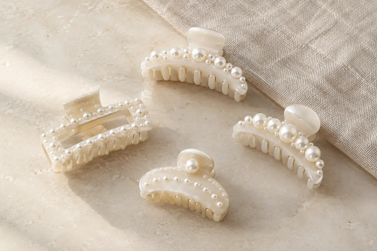 Quatre pinces à cheveux blanches décorées de perles, disposées sur une surface claire et du lin naturel.