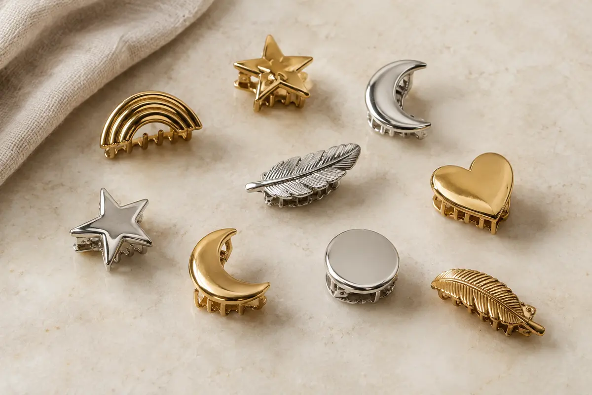 Assortiment de pinces à cheveux métalliques dorées et argentées aux motifs géométriques variés
