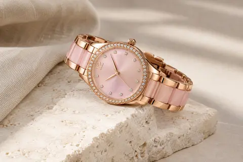 Montre dorée rose à cadran clair orné de strass, bracelet en acier et maillons centraux en acétate rose