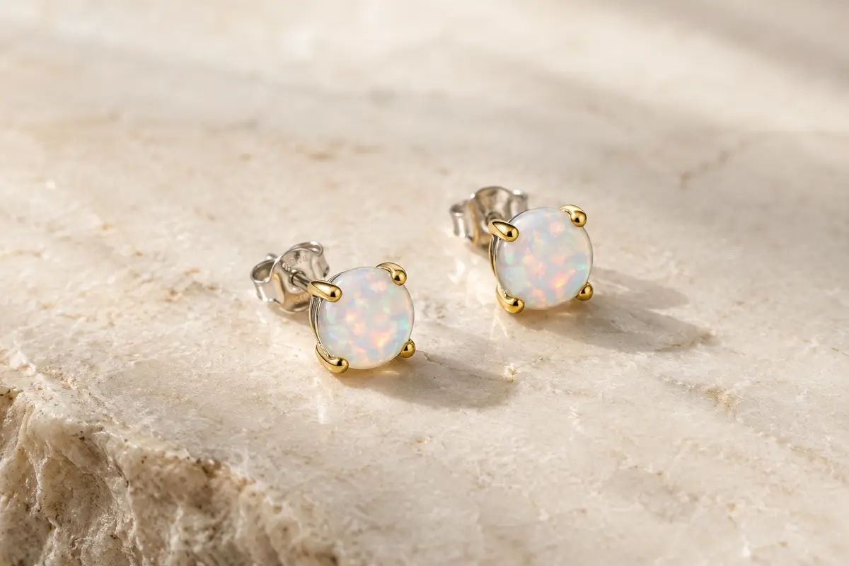 Paire de puces d’oreilles à opale irisée de 5 mm sur une monture en argent aux finitions plaquées.