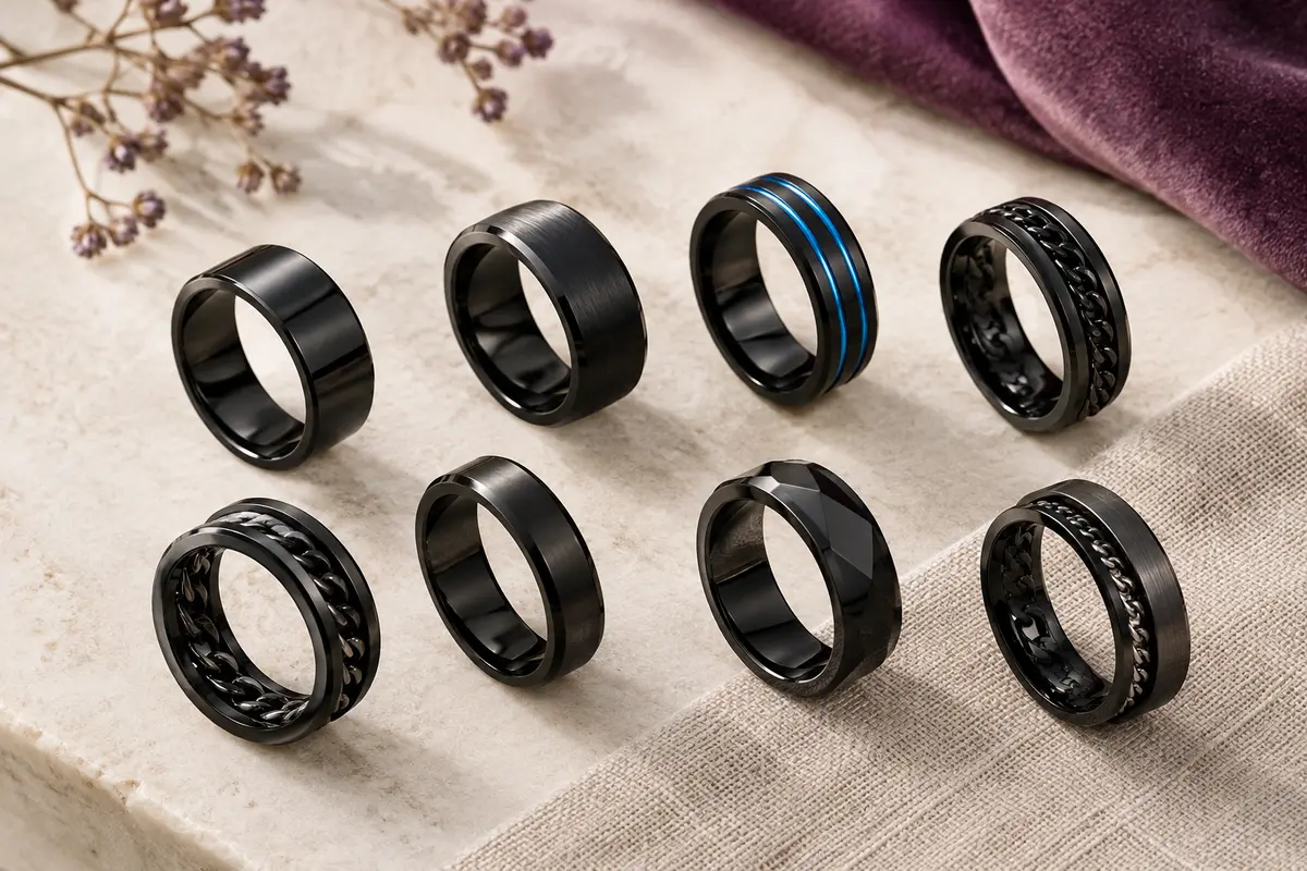 Lot de bagues noires en acier inoxydable, avec modèles classiques et anneaux à chaîne tournante