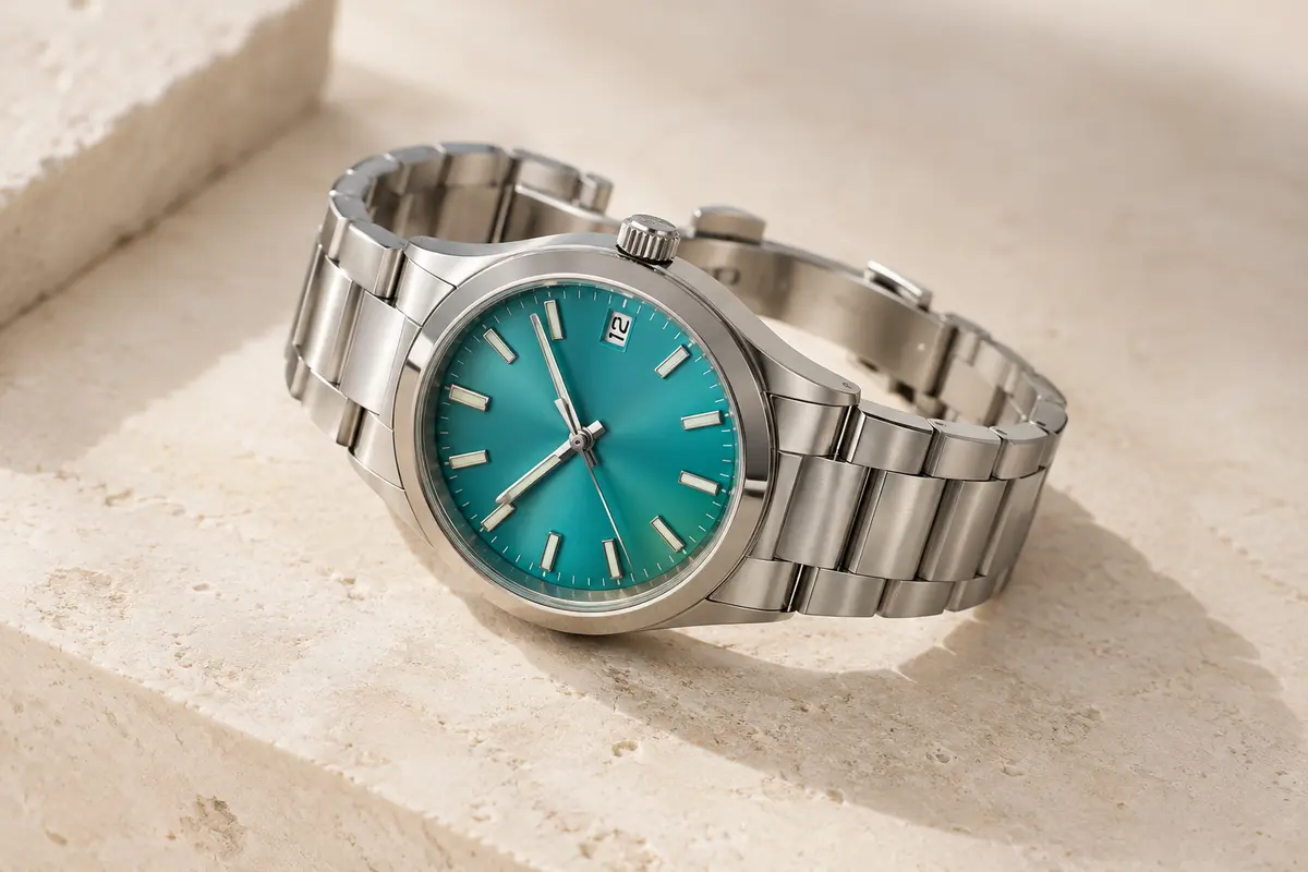 Montre automatique argentée à bracelet en acier et cadran turquoise avec affichage de la date