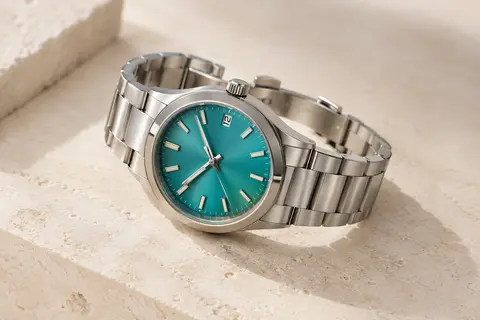 Montre automatique argentée à bracelet en acier et cadran turquoise avec affichage de la date