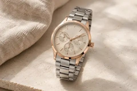 Montre ronde à cadran beige, boîtier or rose et bracelet en acier posée sur une surface claire.