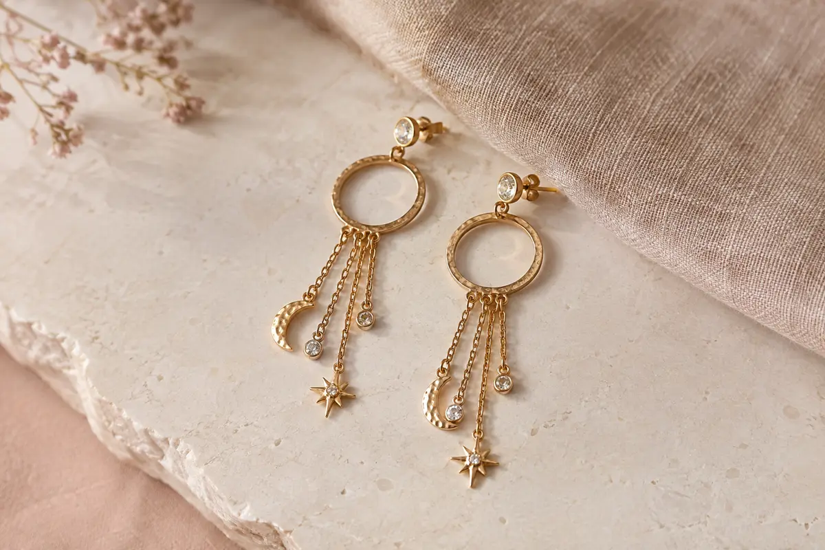Paire de boucles pendantes dorées avec chaînes fines et motifs de lune et d’étoile sur lin clair.