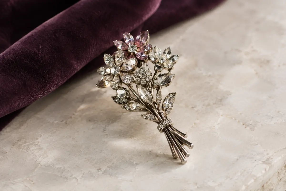Broche bouquet Oenothera en alliage et strass posée sur une surface claire près d’un velours prune
