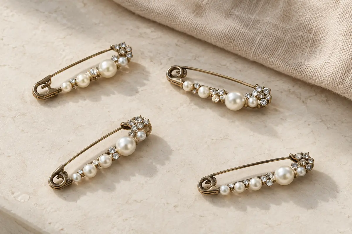 Quatre broches en forme d’épingle, ornées de perles imitation et de cristaux, sur une surface claire.