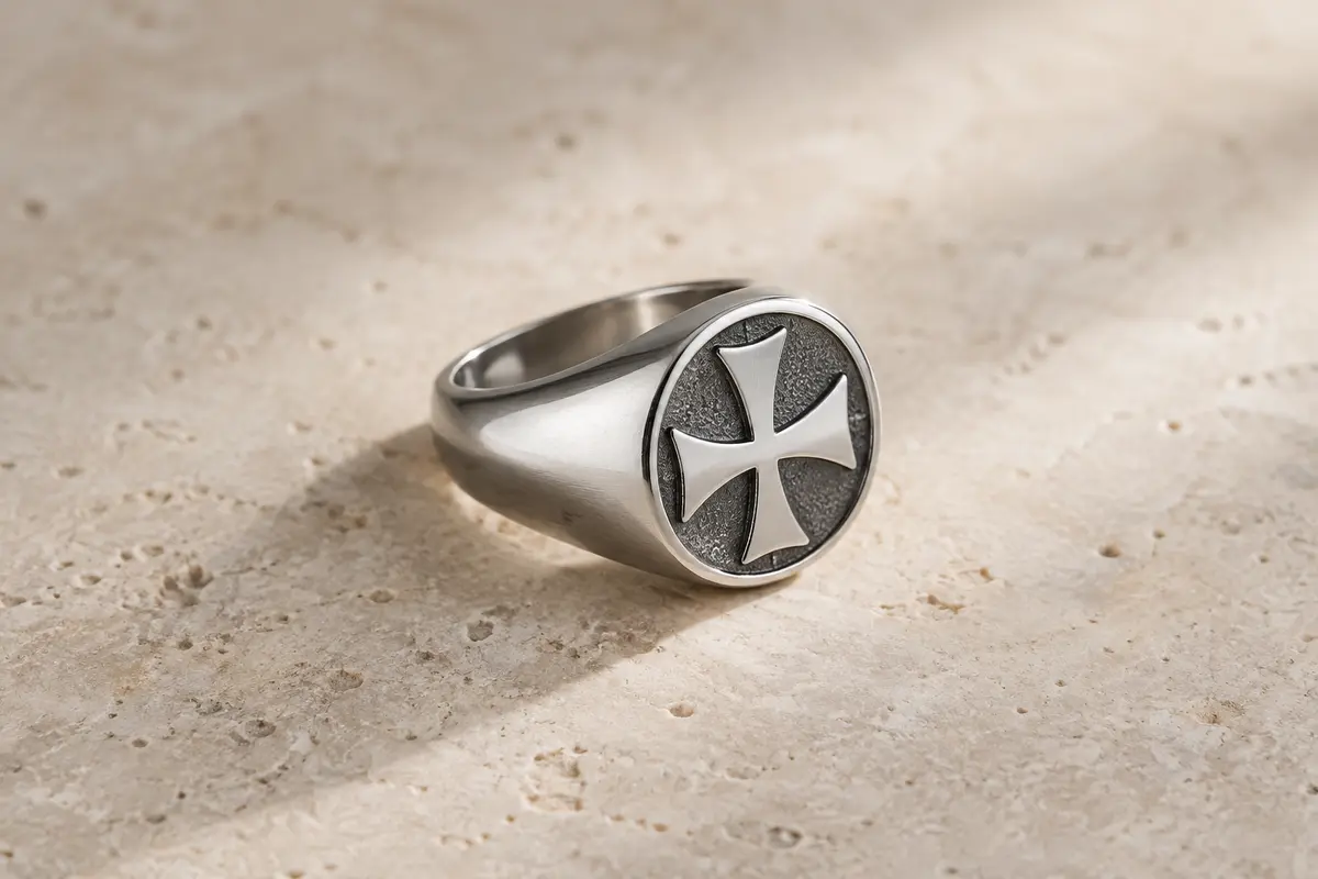 Chevalière argentée en acier inoxydable avec motif de croix templière, posée sur une surface claire