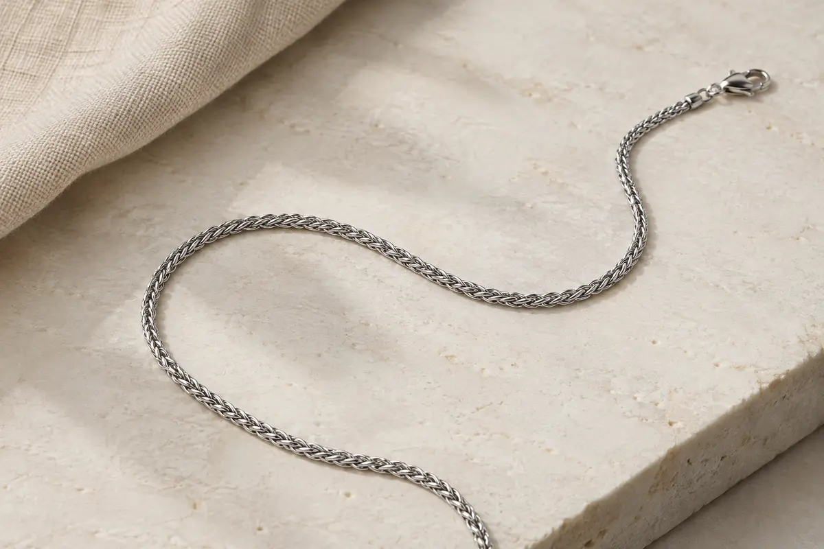 Chaîne homme PROSTEEL en acier inoxydable argenté, à maille blé fine et fermoir mousqueton, posée sur une pierre claire.