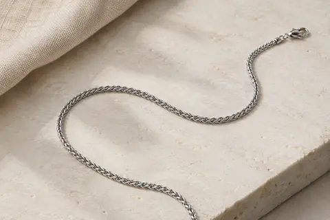 Chaîne homme PROSTEEL en acier inoxydable argenté, à maille blé fine et fermoir mousqueton, posée sur une pierre claire.