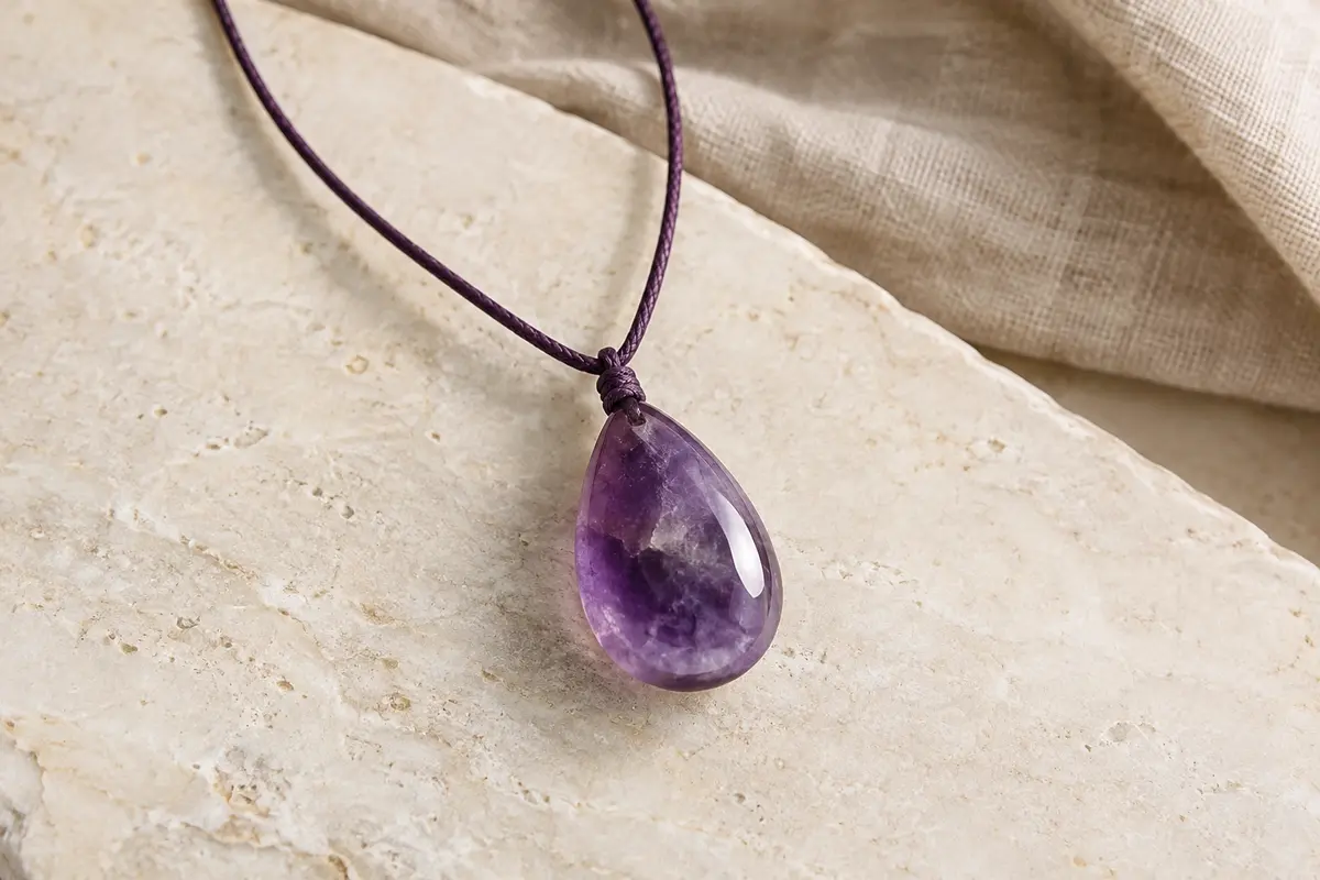 Pendentif en améthyste taillé en goutte sur un long cordon ciré, posé sur une surface minérale claire.