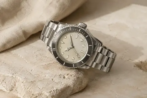 Montre automatique argentée à boîtier rond et bracelet métallique, posée sur une surface minérale claire.