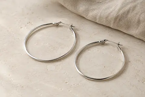 Créoles fines couleur argent à fermoir articulé, disposées seules sur une surface minérale claire.