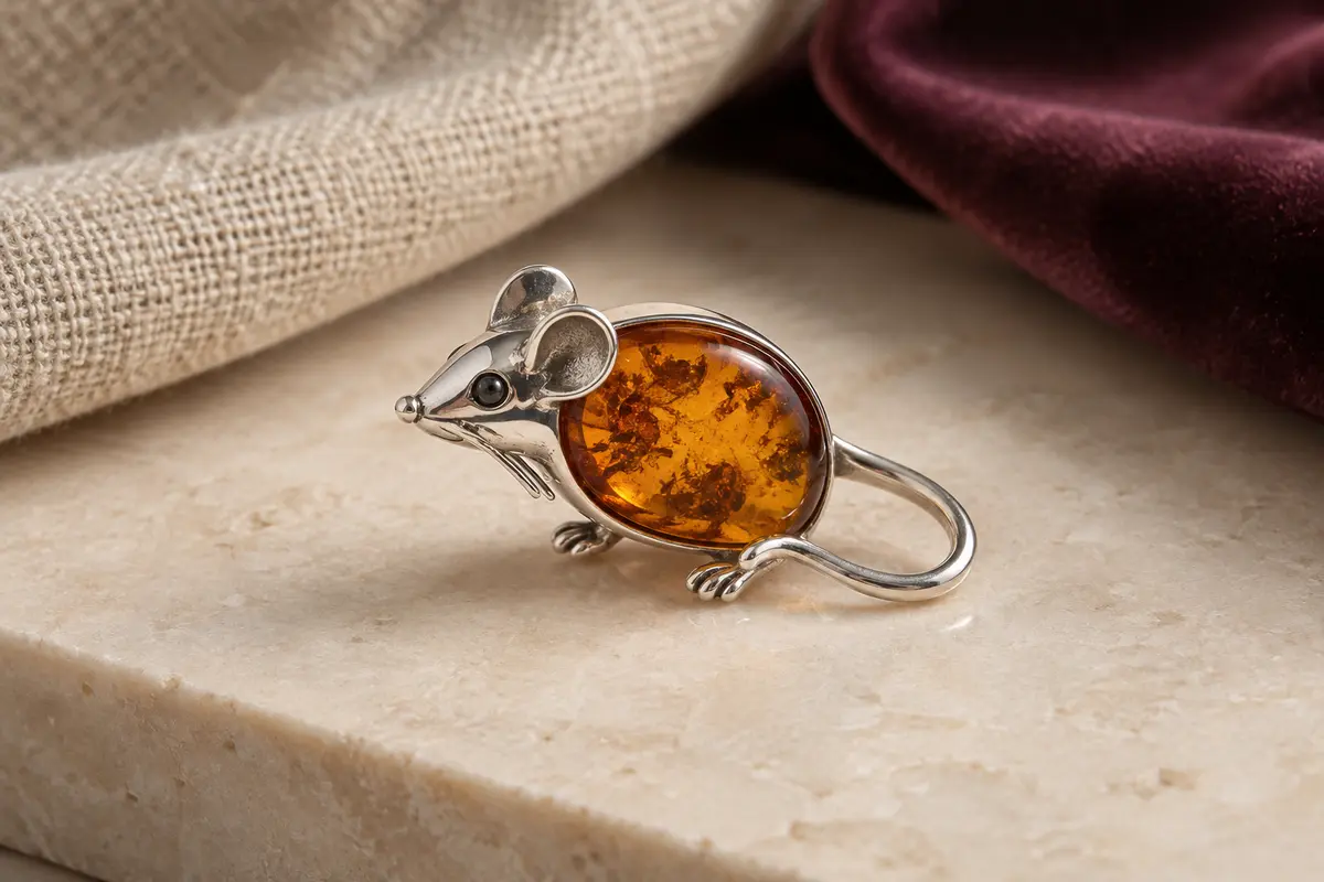 Broche en forme de souris en argent 925, ornée d’une pièce d’ambre baltique aux tons chauds.