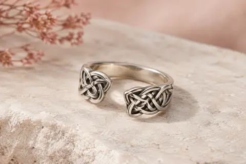Bague ouverte en argent 925 avec motif de nœud celtique, posée sur une surface minérale claire.