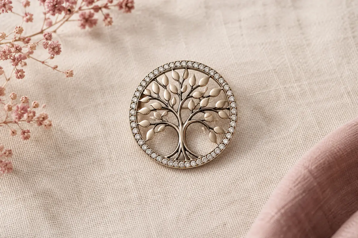 Broche ronde arbre de vie ornée de strass, posée seule sur du lin naturel clair.