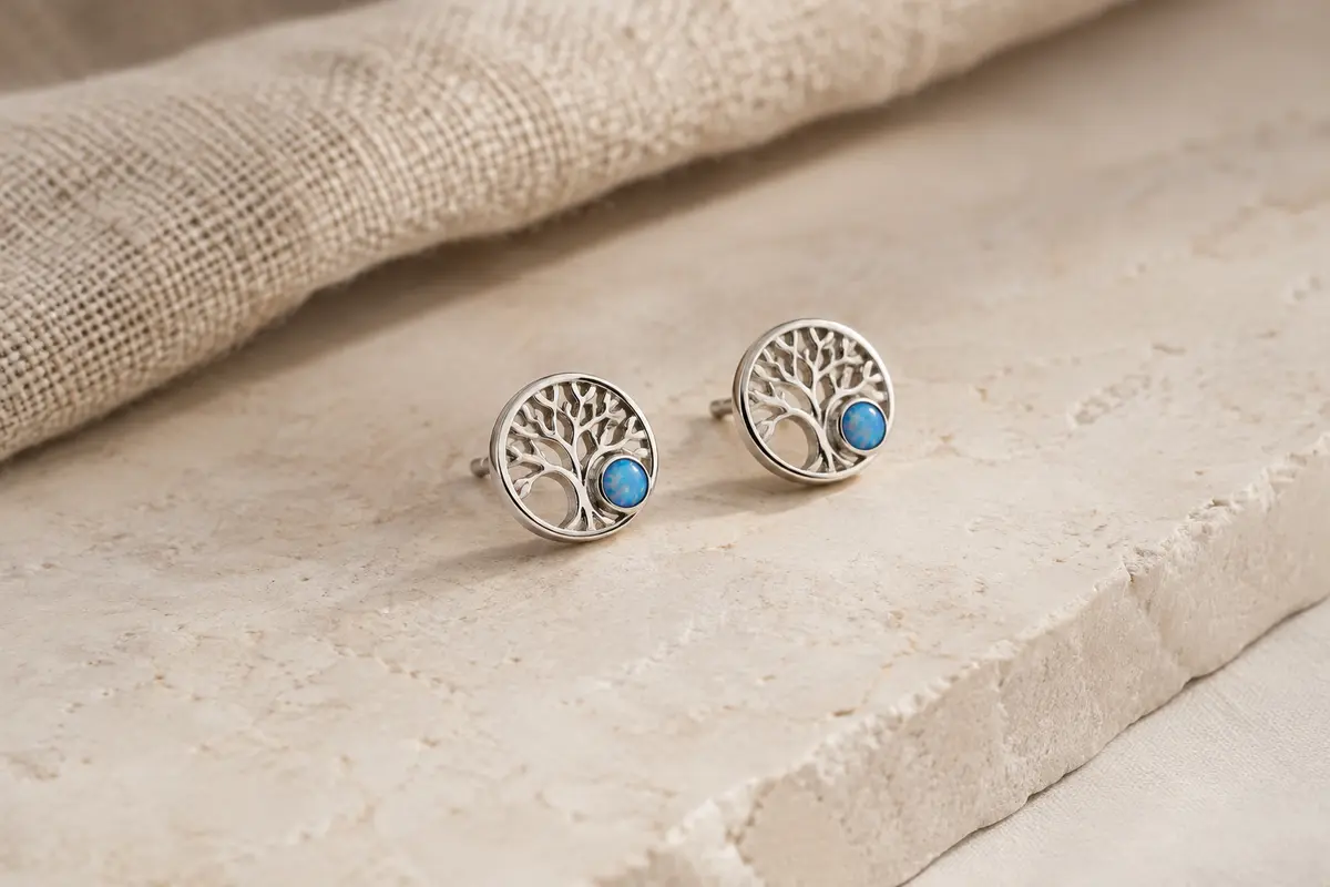 Paire de puces d’oreilles argentées à motif d’arbre de vie avec un ornement bleu évoquant l’opale