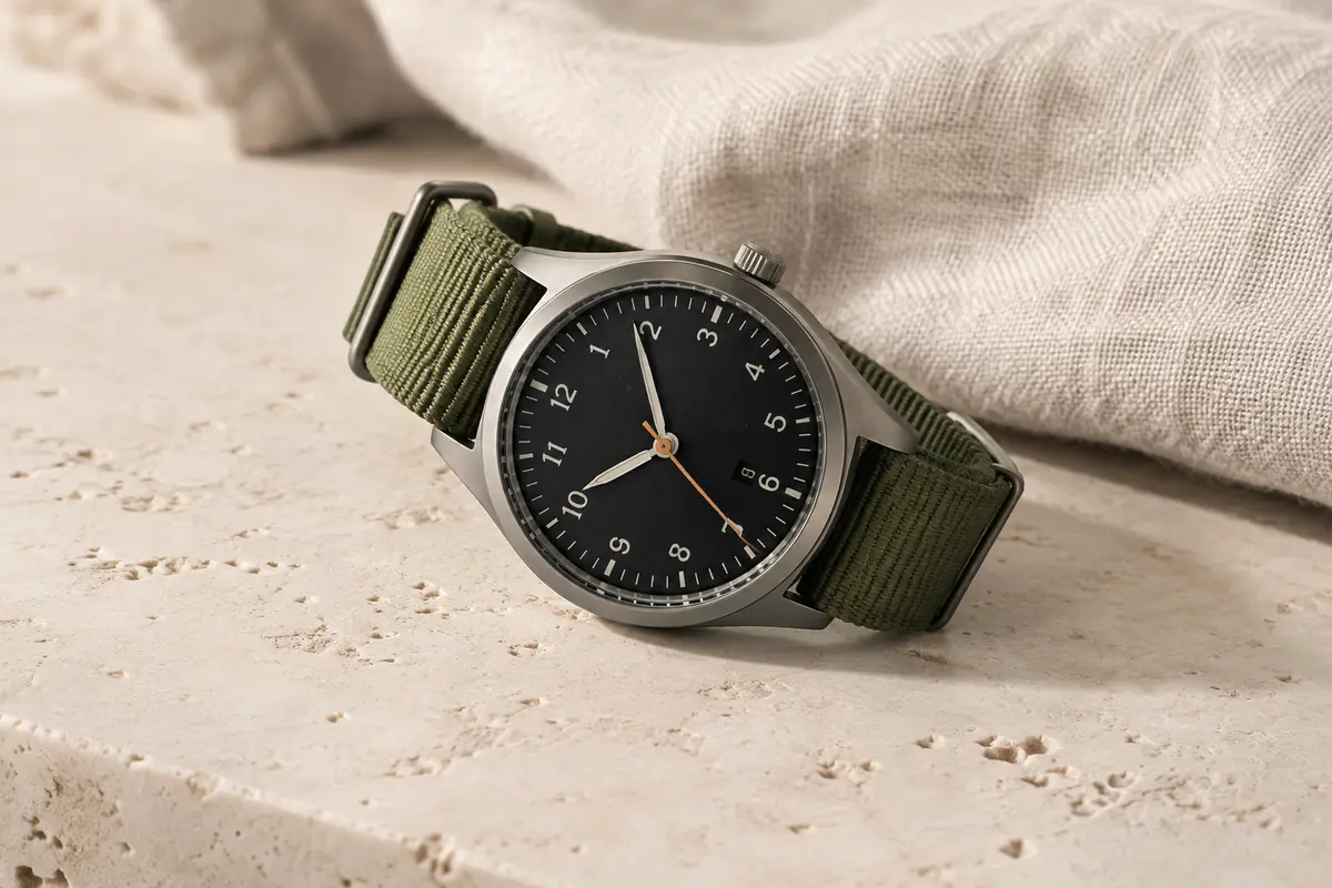 Montre à quartz de style militaire avec cadran noir, bracelet en nylon vert et affichage analogique avec date.