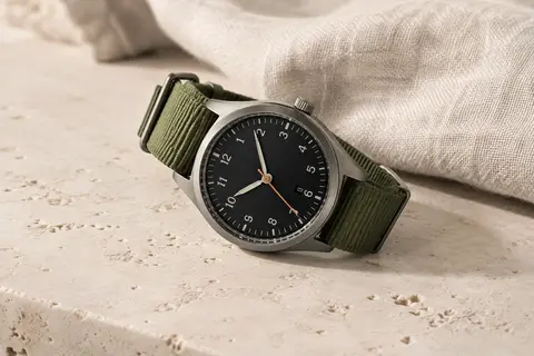 Montre à quartz de style militaire avec cadran noir, bracelet en nylon vert et affichage analogique avec date.