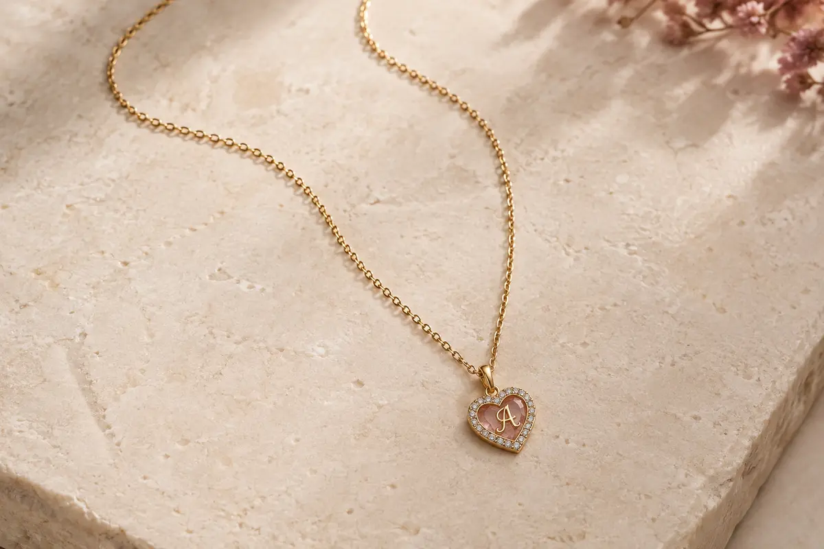 Collier TINGN doré avec pendentif cœur à initiale et chaîne fine posé sur une surface claire.