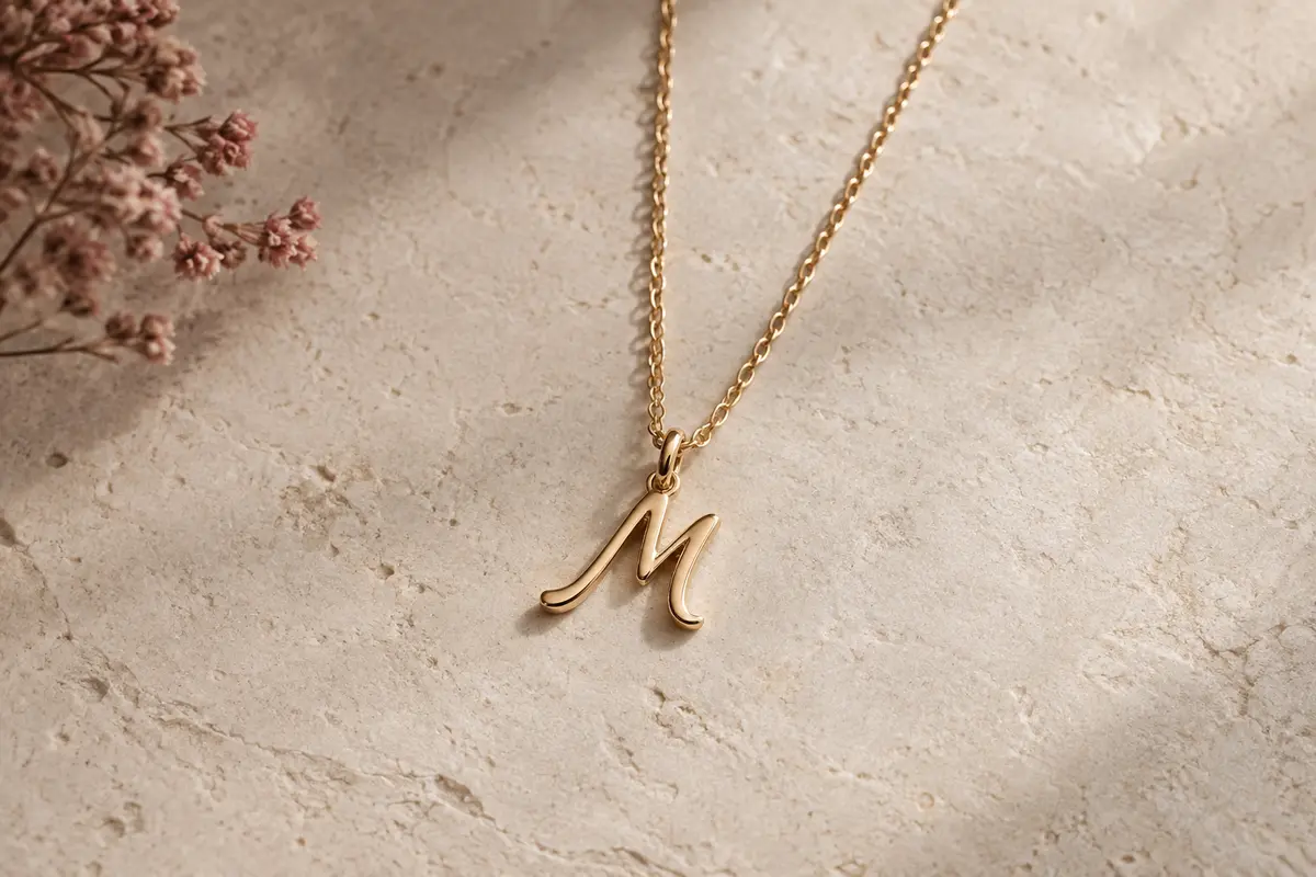 Collier doré à pendentif initiale manuscrite posé sur une surface minérale claire