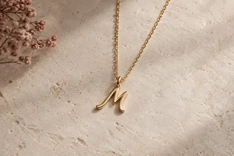 Collier doré à pendentif initiale manuscrite posé sur une surface minérale claire