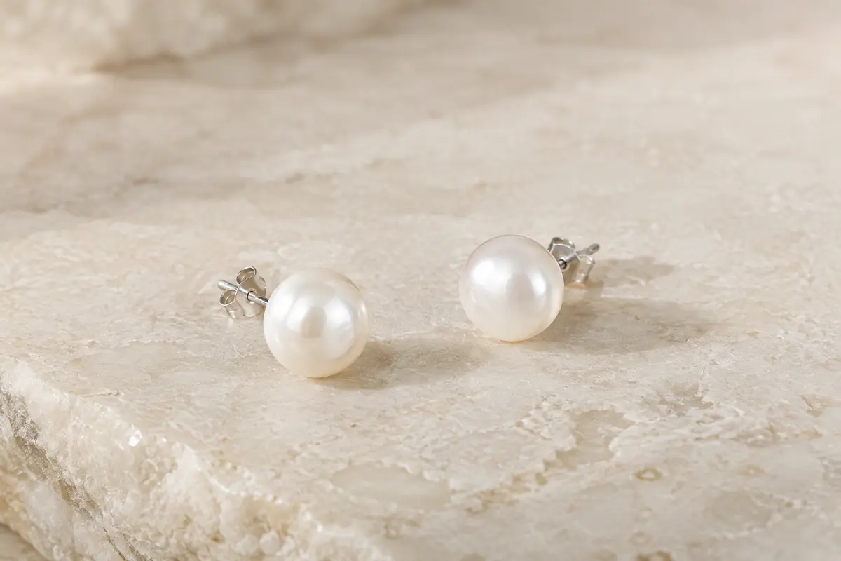 Paire de puces d’oreilles avec perles de culture blanches en forme de bouton et tiges en argent rhodié