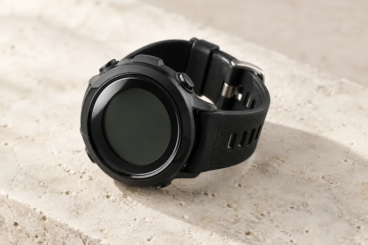 Montre de sport numérique noire VDSOW à grand cadran rond et bracelet souple posée sur une surface claire.