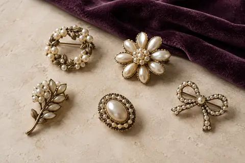 Cinq broches vintage à décor perlé en alliage de zinc présentées sur une surface claire et du velours prune.