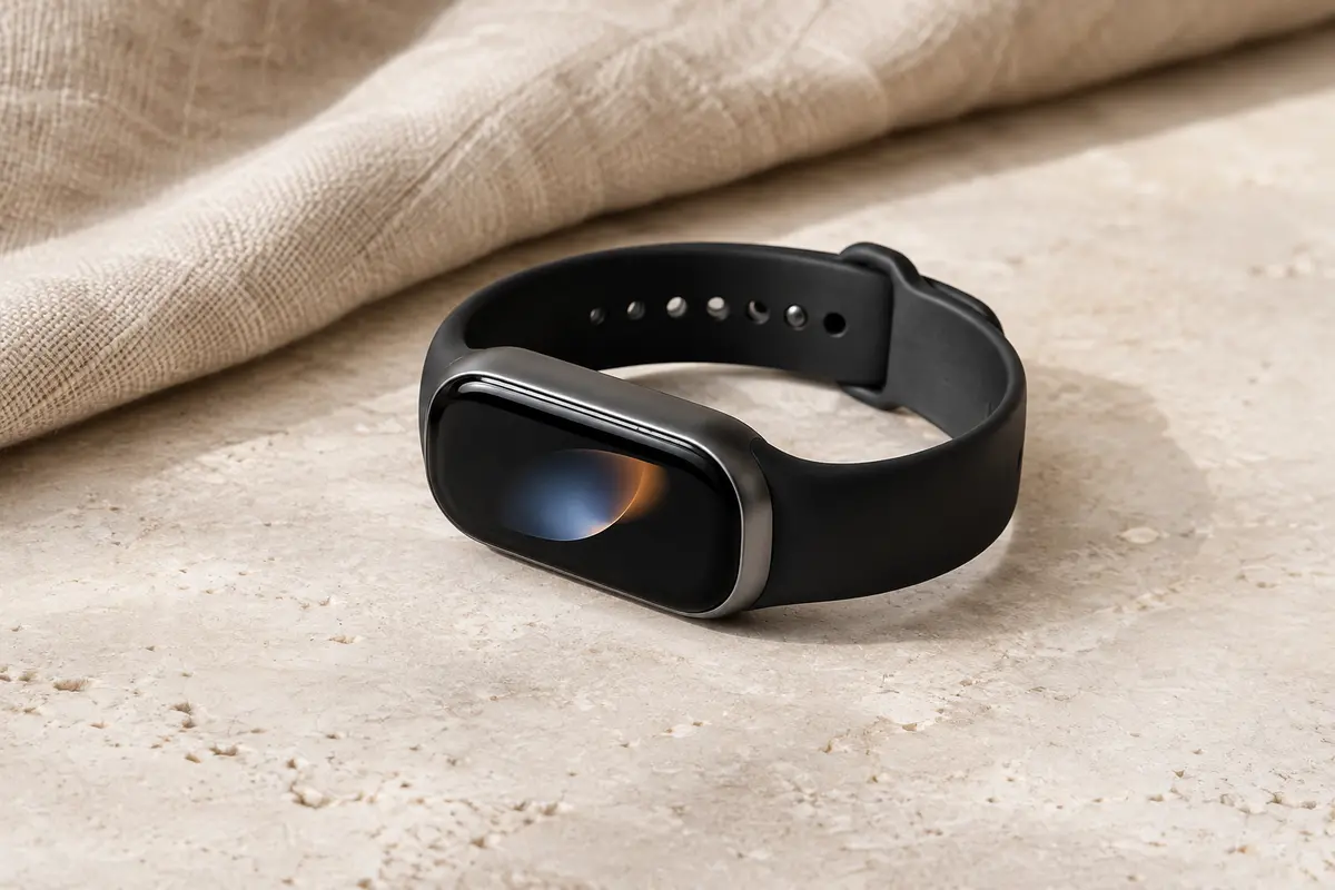 Bracelet connecté noir Xiaomi Smart Band 10 posé sur une surface minérale claire, avec son écran AMOLED visible.