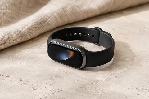 Bracelet connecté noir Xiaomi Smart Band 10 posé sur une surface minérale claire, avec son écran AMOLED visible.